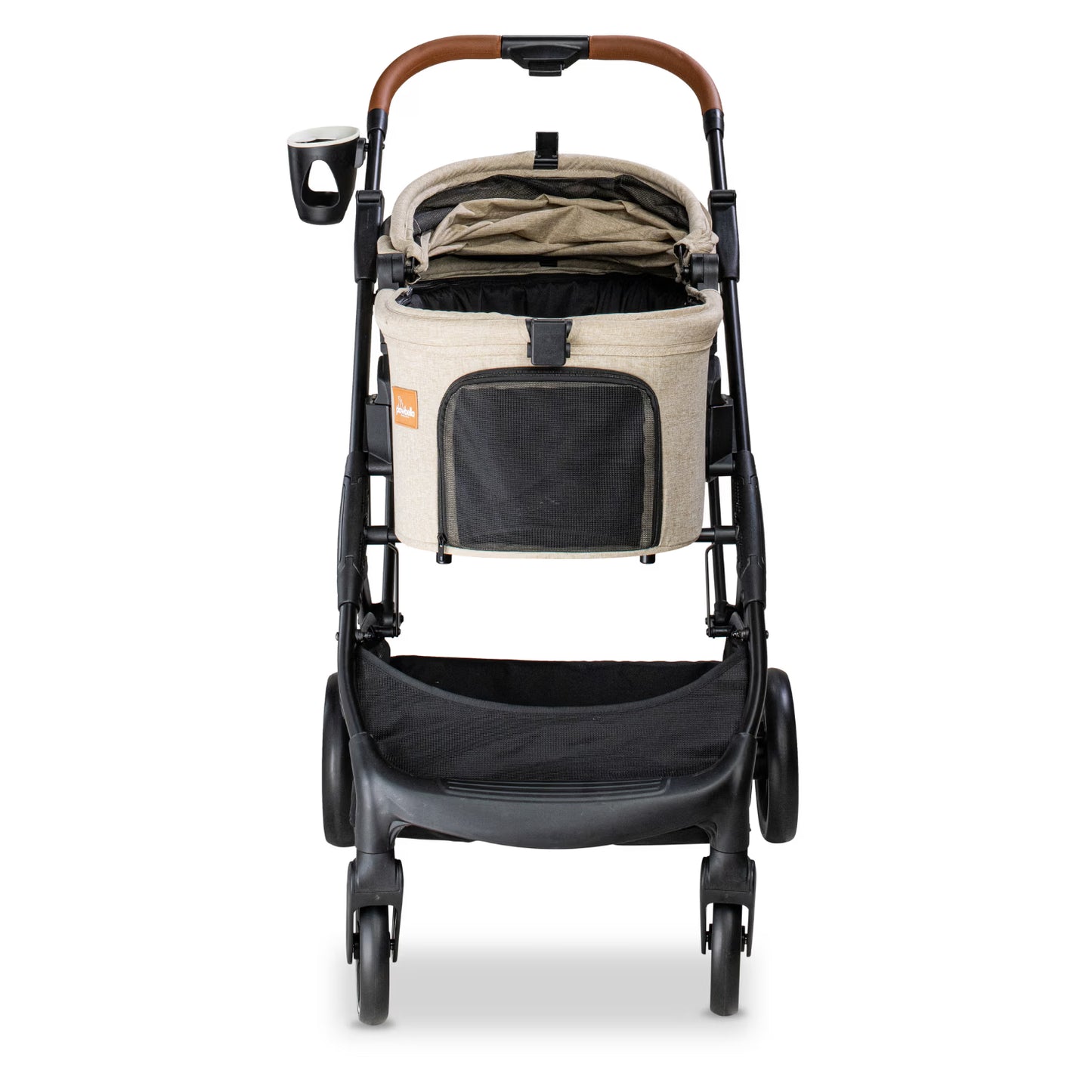 Front view of the beige Pawbella Ultimate Pet Stroller with its open canopy and mesh entry.