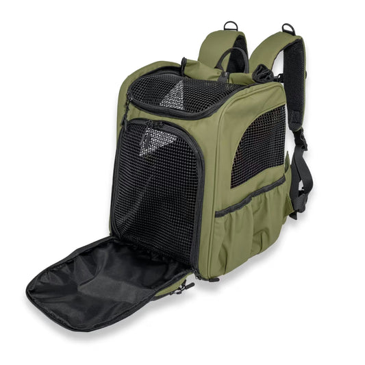 The Pawbella Outback Explorer | Heavy Duty Pet Backpack (12kg max) in olive green features mesh windows, black trim, side pockets, and a zippered front flap—perfect for comfy small pet transport in Australia or as a chic alternative to a stroller.