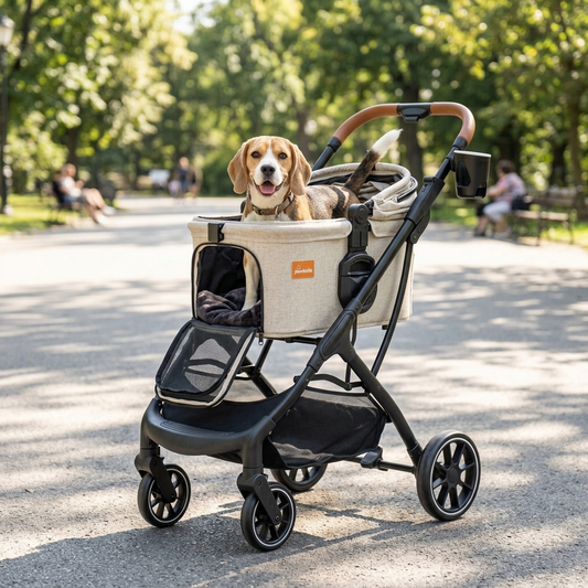 A beagle in a Pawbella pet stroller