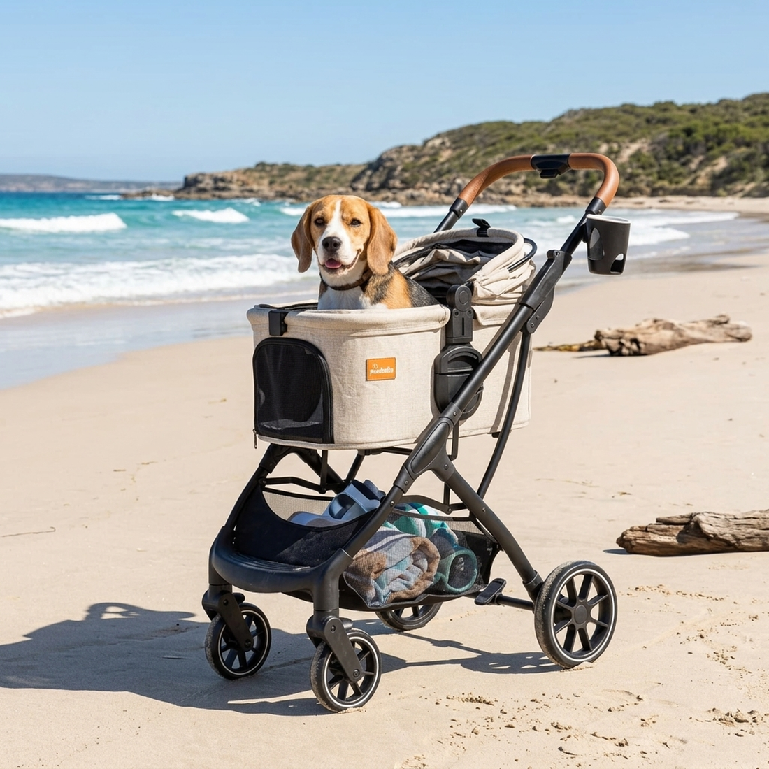 Dog riding safely in a stroller during an active Australian outing