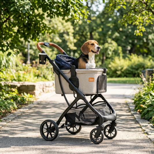 A beagle in a Pawbella pet stroller