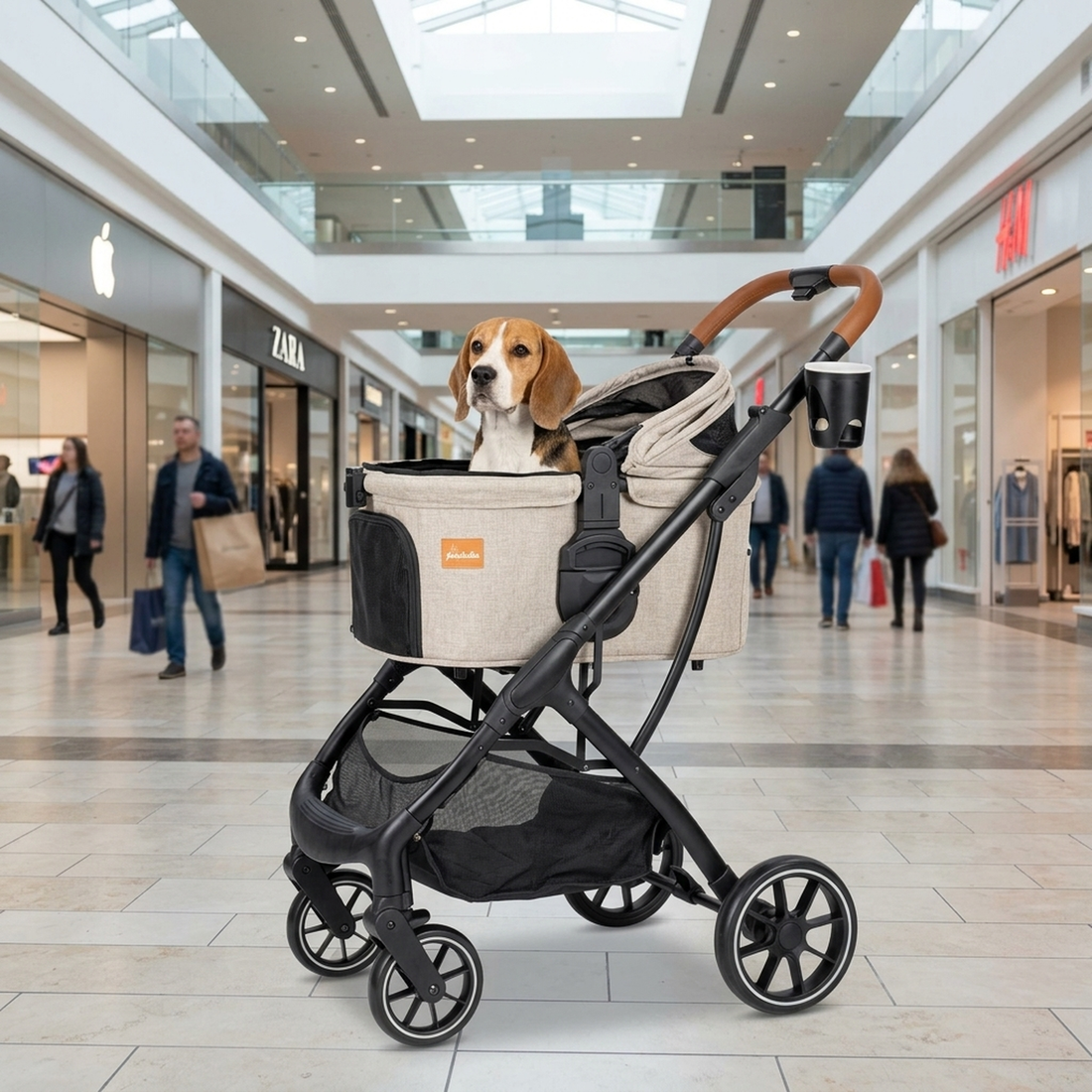 A beagle in a Pawbella pet stroller