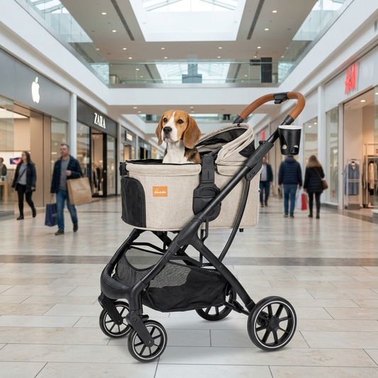 A beagle in a Pawbella pet stroller
