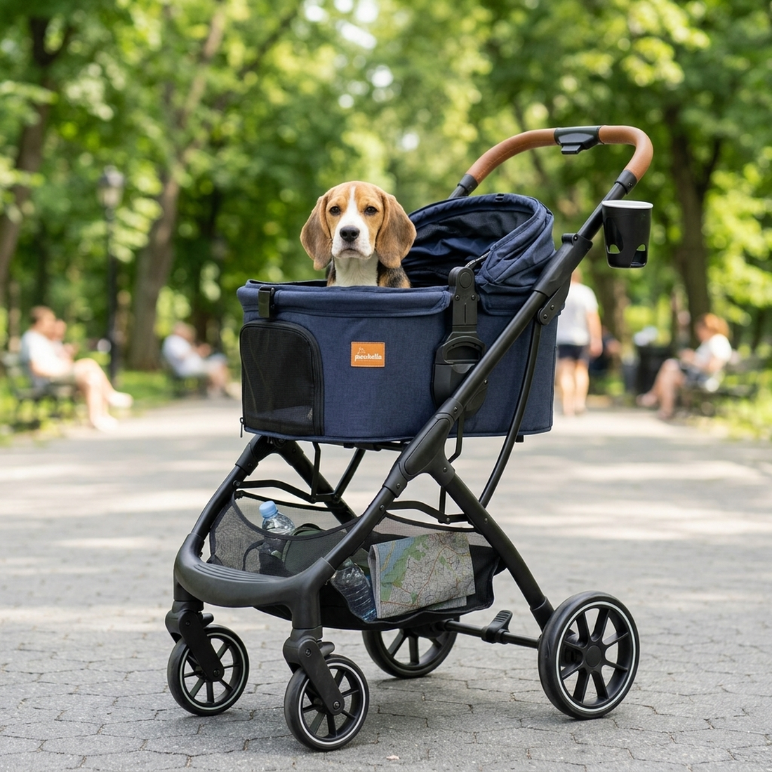 A beagle in a Pawbella pet stroller