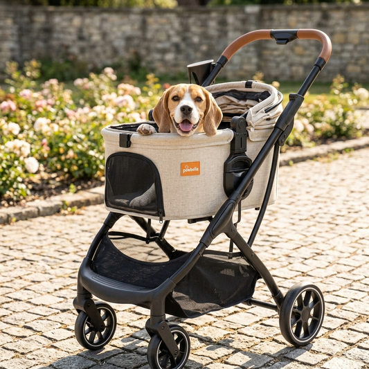 A beagle in a Pawbella beige pet stroller