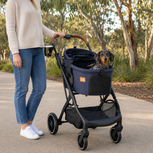 Small dachshund resting securely in a navy Pawbella dog stroller during vet-approved IVDD recovery