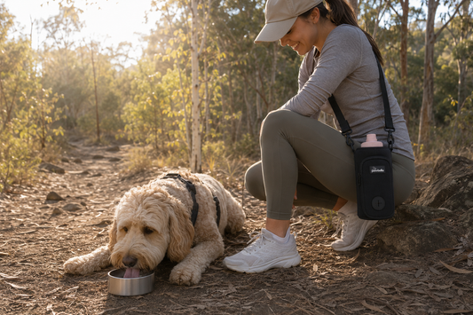 Dog beside a Pawbella dog water flask and shoulder holder on an Australian walking trail