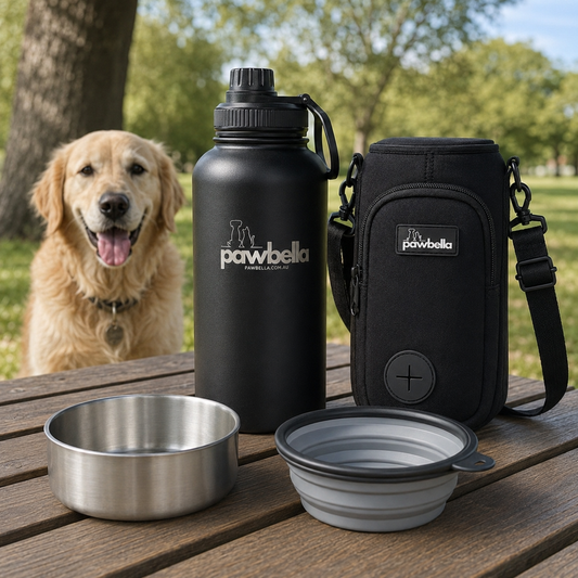 Pawbella dog water flask compared with a separate bottle and collapsible dog bowl