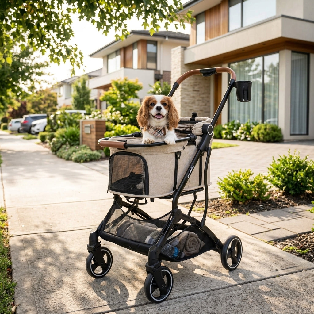 Beige Pawbella dog pram stroller with small dog inside parked on sun-dappled sidewalk