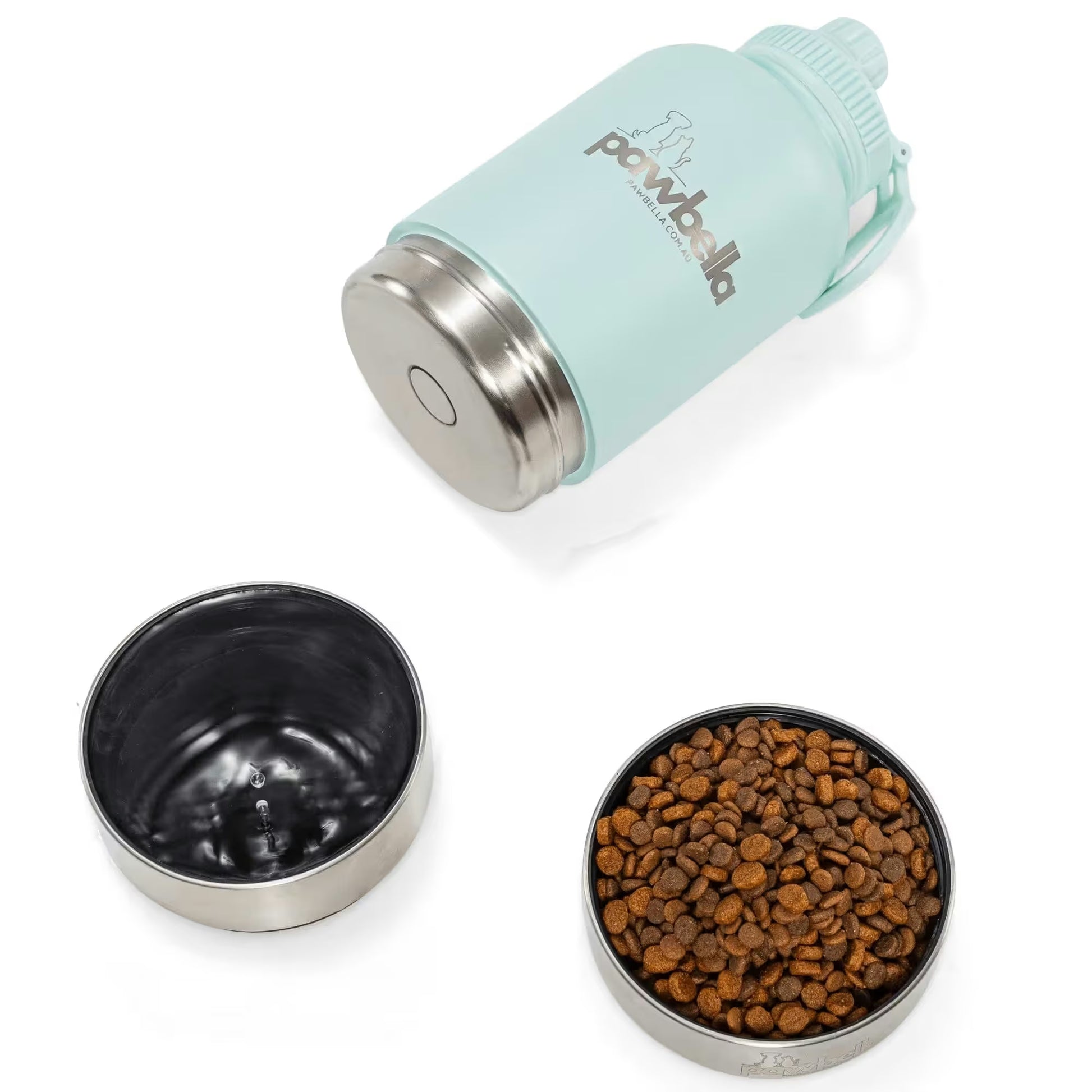 The Pawbella 3-in-1 Dog Water Bottle 1L features a light blue design, handle, and two detachable bowls—one empty, one filled with dry food—making it perfect for outings in Australia or trips with your pet backpack.
