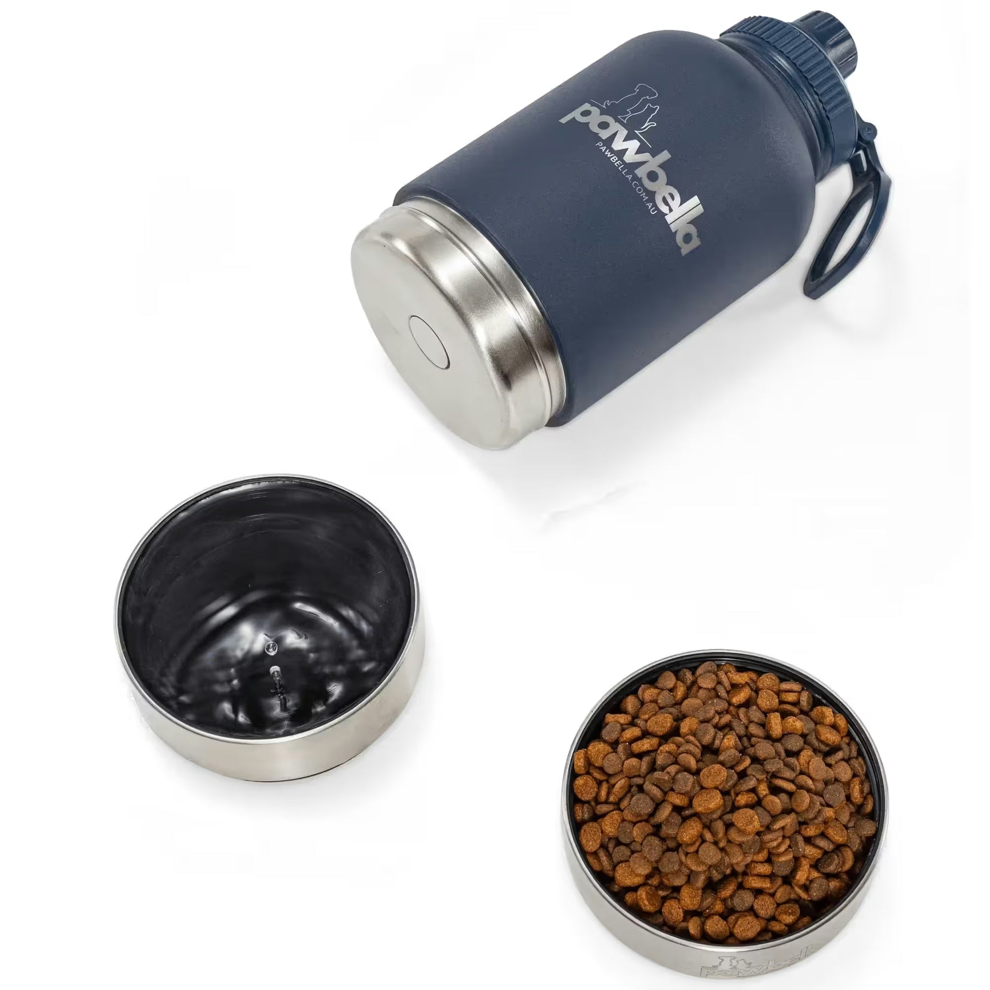 The Pawbella 3-in-1 Dog Water Bottle 1L features detachable metal bowls—one for water, one for kibble—plus a handy blue handle. Ideal for walks or use with a pet stroller, and branded with the Pawbella logo.