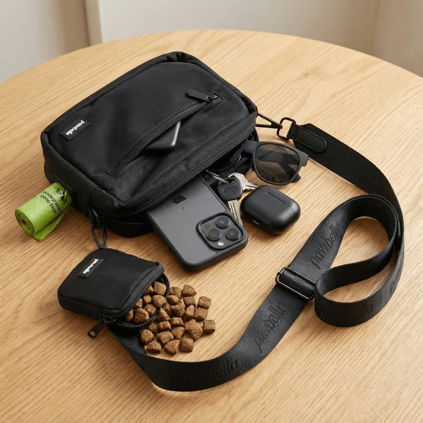 The Pawbella Crossbody Dog Walking Bag in black sits on a wooden table in Australia, holding sunglasses, a smartphone, wireless earbuds, dog waste bags, and a treat-filled pouch. Ideal for pairing with your pet stroller or pet backpack.
