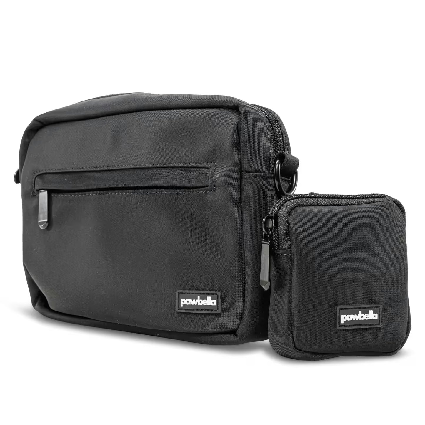 The Pawbella Crossbody Dog Walking Bag, with a front zip pocket and matching mini pouch, features durable fabric and labels—ideal for organizing essentials in your pet backpack or stroller in Australia.