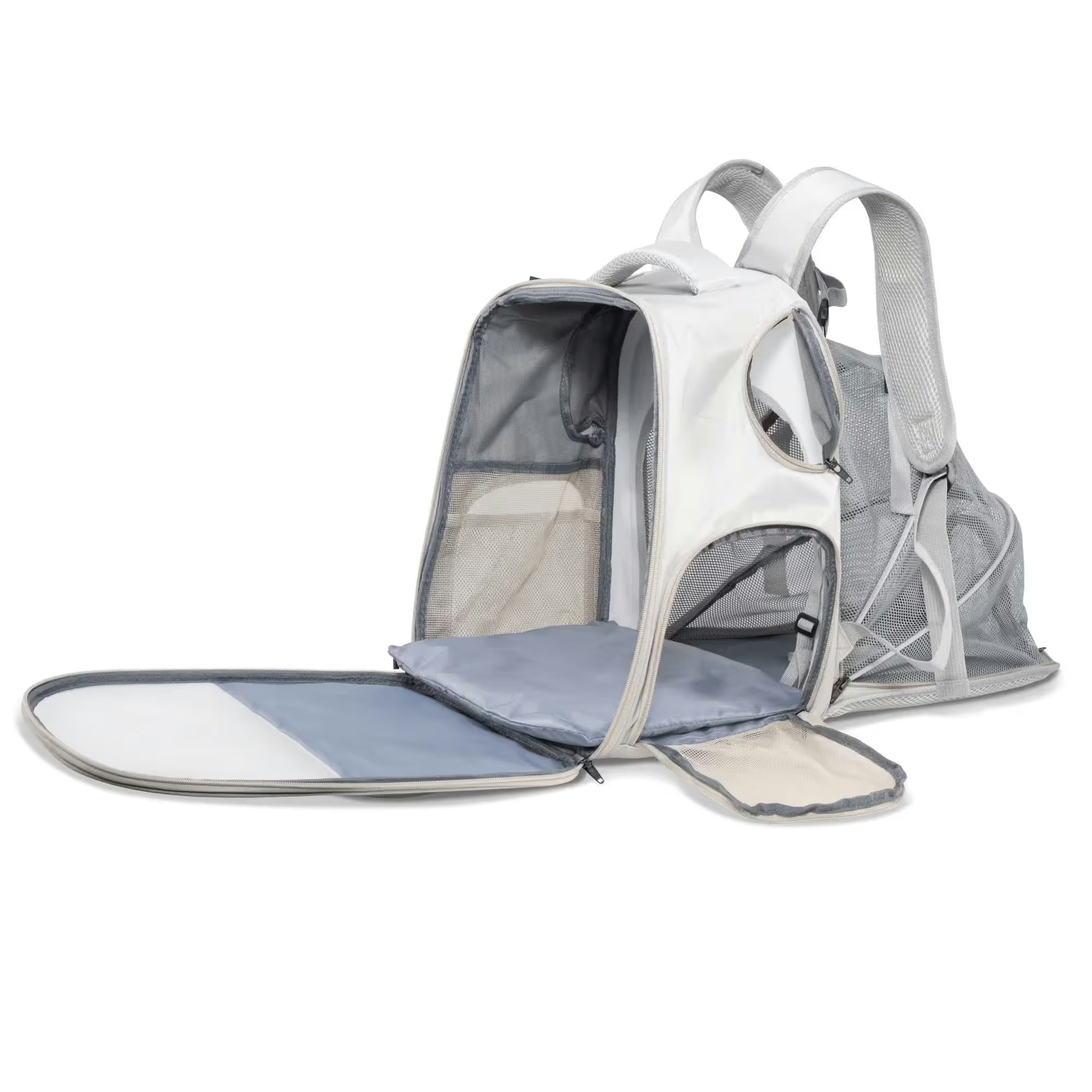 The Pawbella Expandable Lightweight Pet Backpack, shown in gray and white with mesh sides, features front and top openings, a roomy interior, and a fold-out mat—ideal for traveling with pets in Australia.
