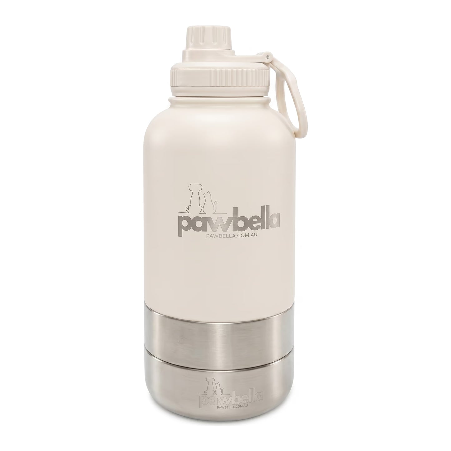 Pawbella 3-in-1 dog water bottle 1L in cream — insulated stainless steel travel bottle with screw-on cap, carry handle and two detachable food and water bowls.