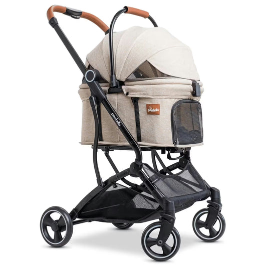 The Pawbella Essential Pet Stroller is a beige, lightweight stroller with mesh windows, a black frame, brown handle, four wheels, and storage basket—ideal for safely transporting small dogs and cats (up to 20kg) across Australia.
