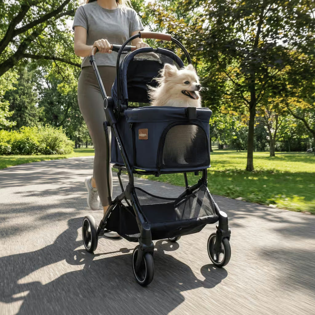 A woman pushes a Pawbella Essential Pet Stroller, made for small dogs and cats up to 20kg, with a happy white dog inside along a sunny path in an Australian park.