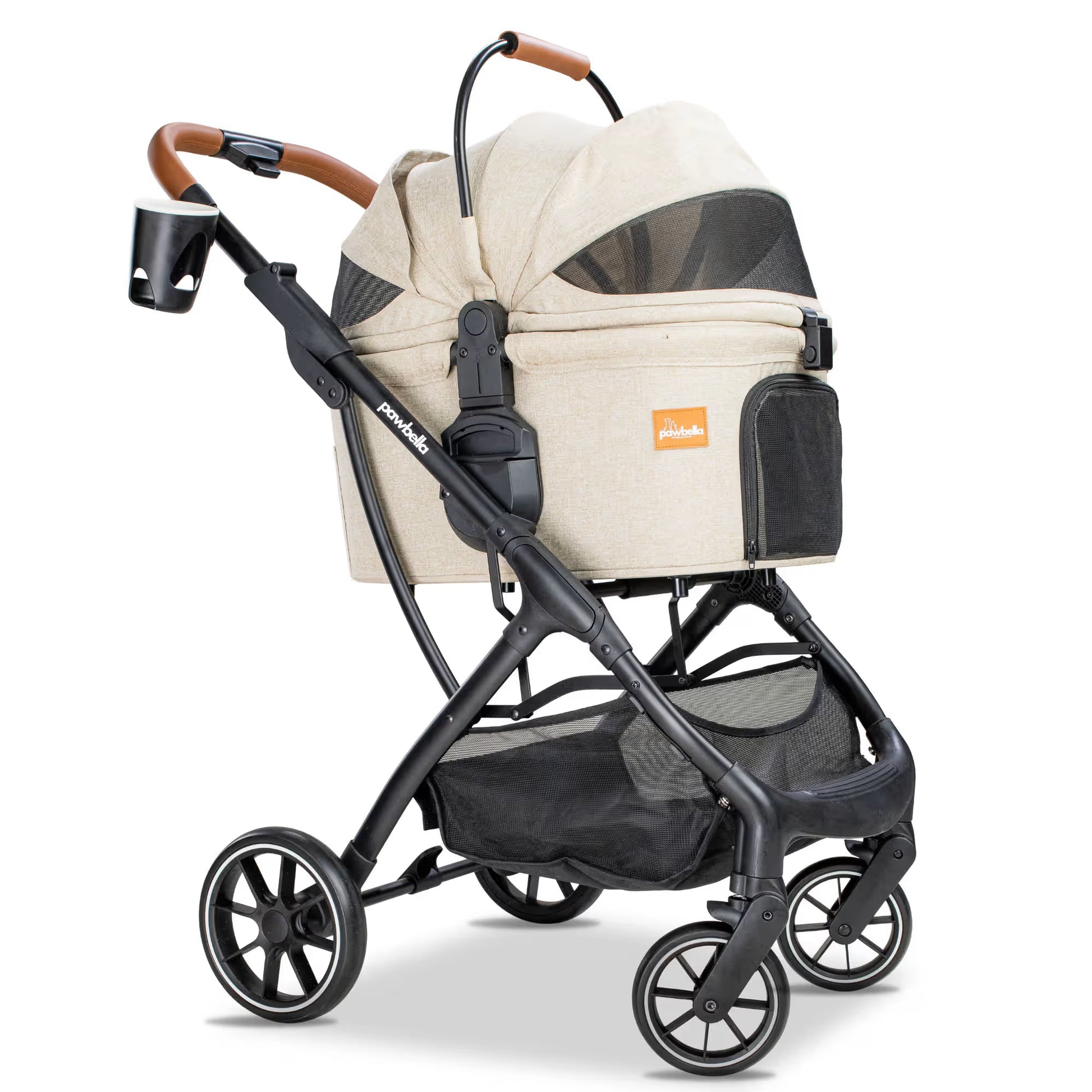 Pawbella Ultimate Pet Stroller in beige, angled view with the ventilated canopy closed.