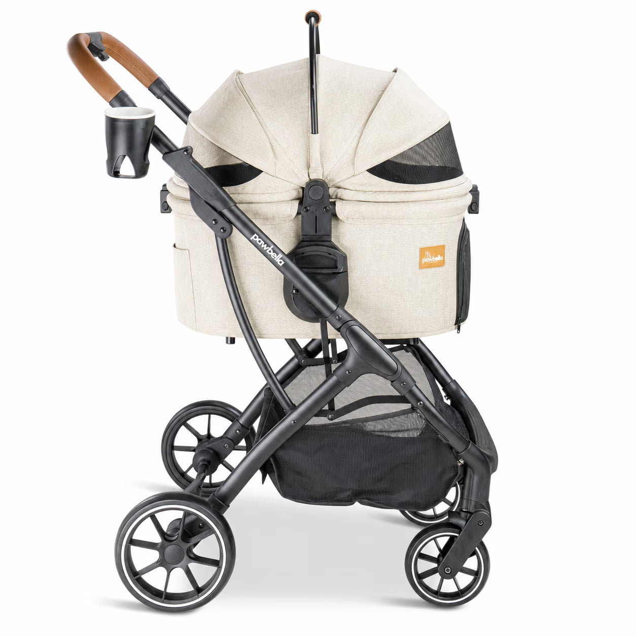 Side view of the beige Pawbella Ultimate Pet Stroller with the dual mesh canopy closed.