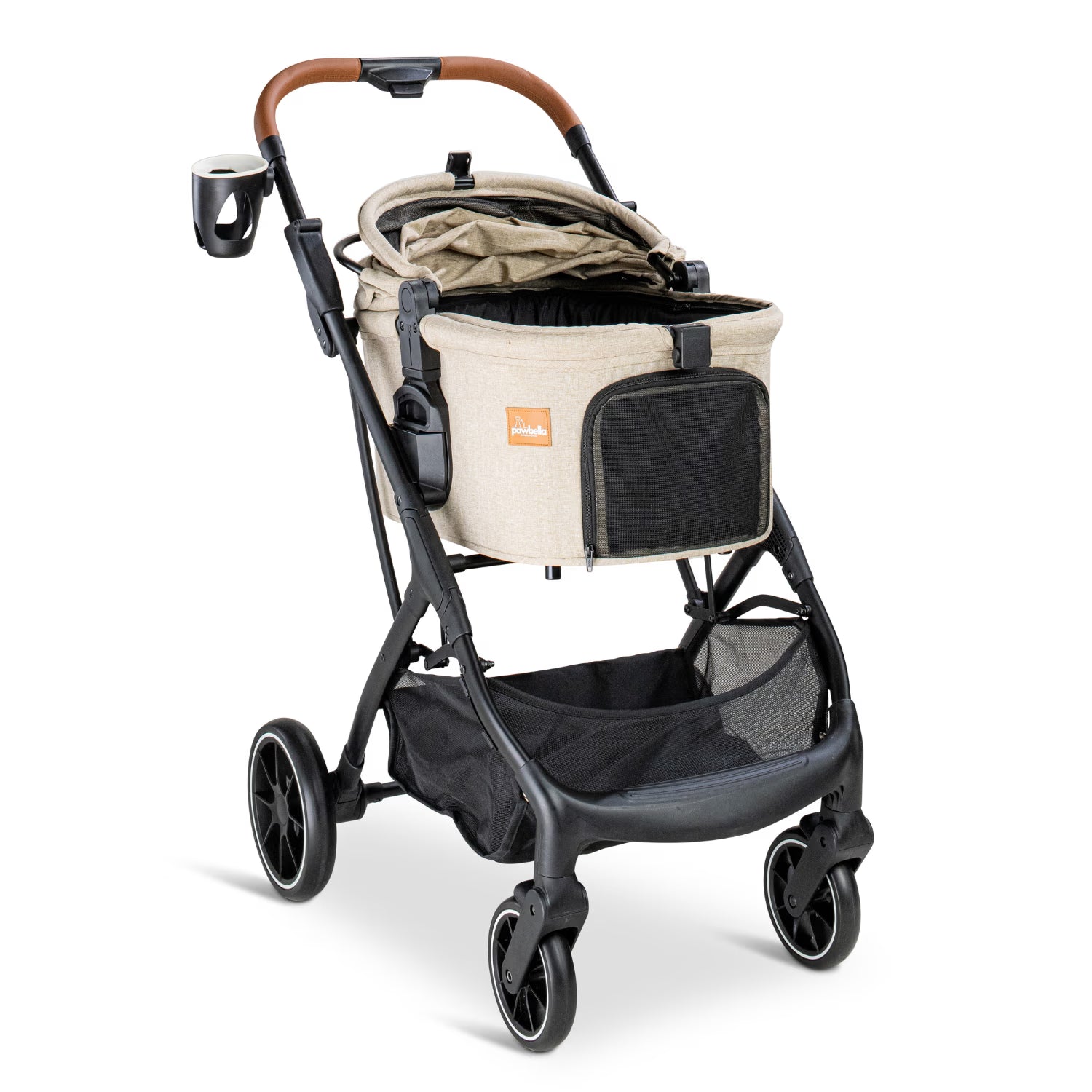 Angled view of the beige Pawbella Ultimate Pet Stroller with its open carrier and storage basket.