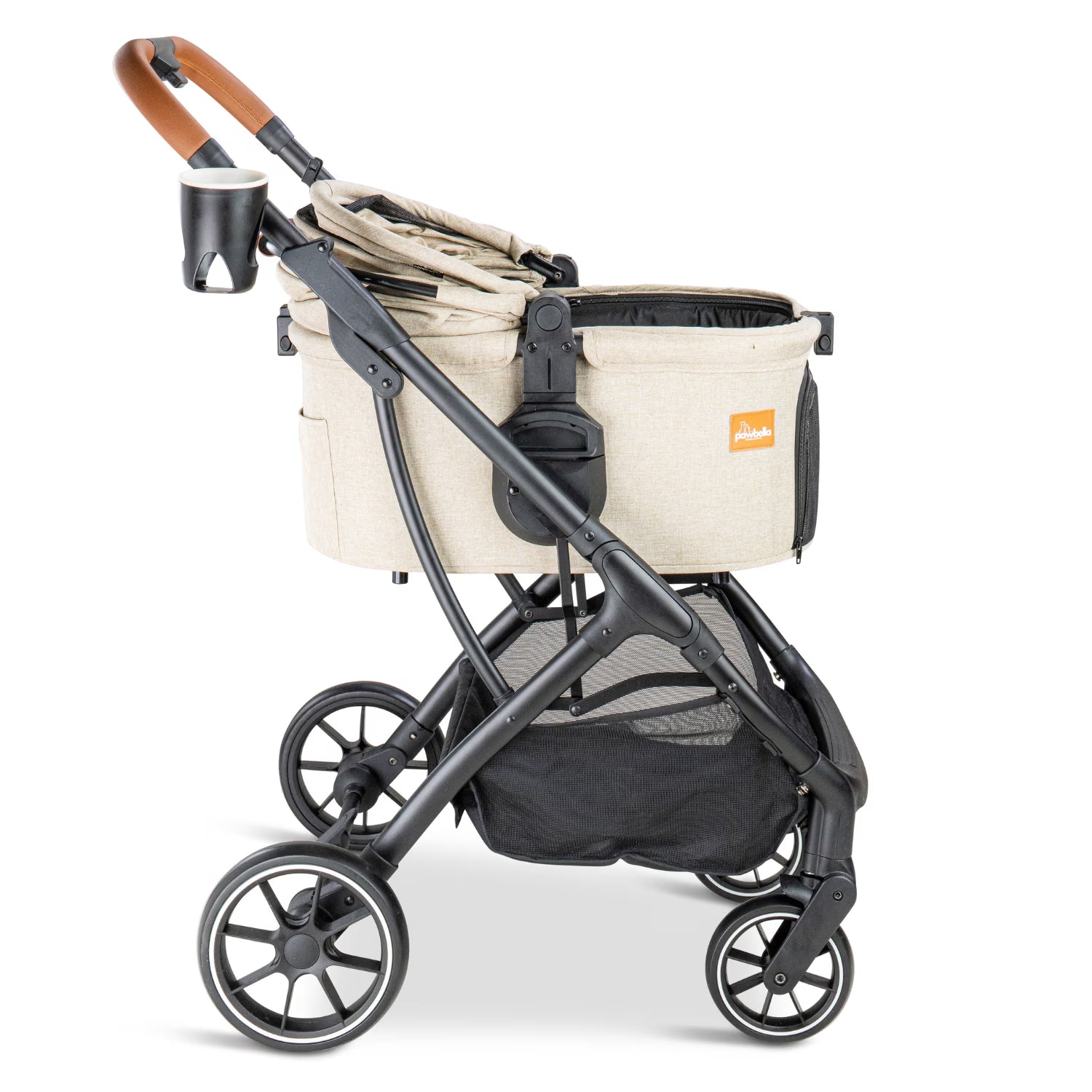 Side view of the beige Pawbella Ultimate Pet Stroller with the canopy folded open.