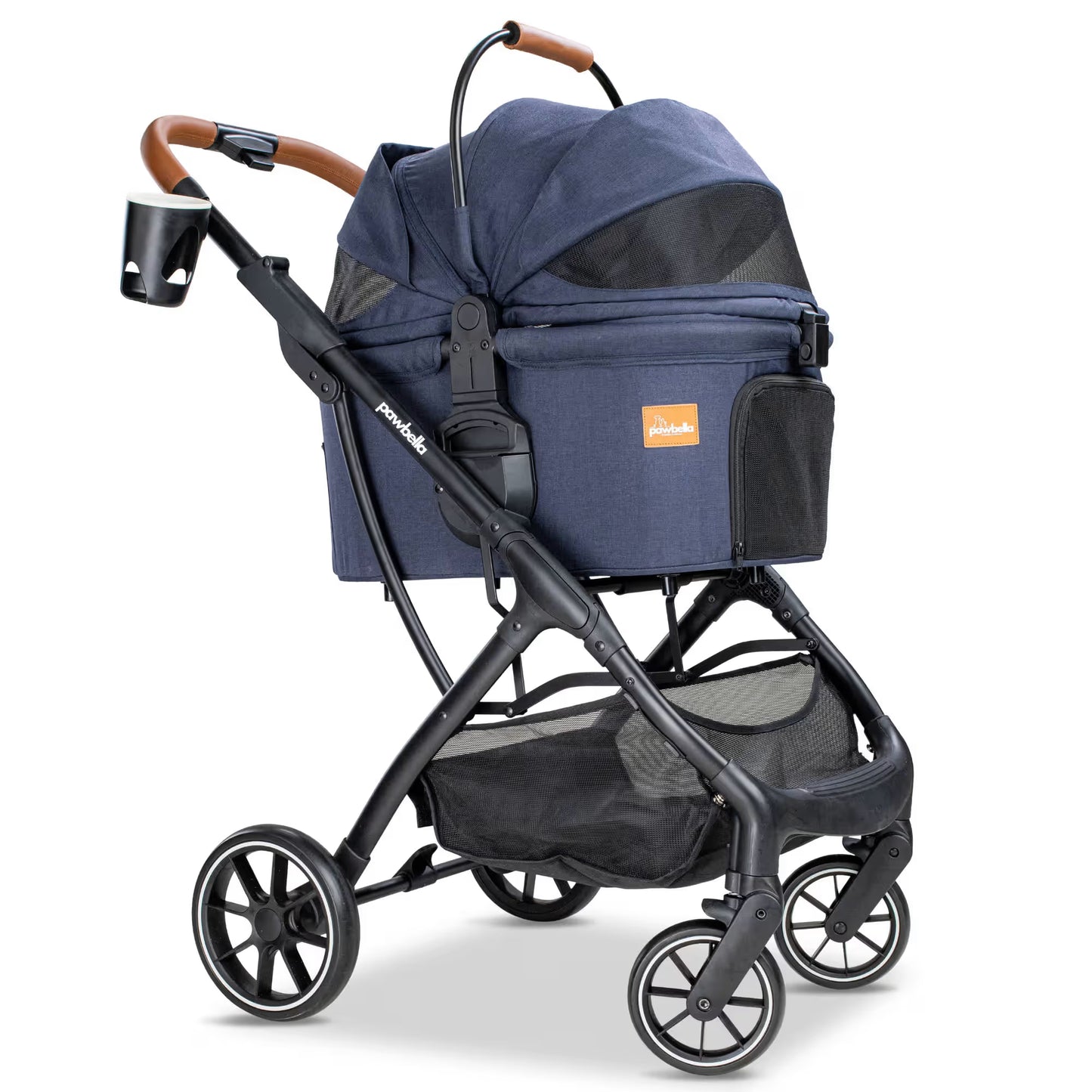 Pawbella Ultimate Pet Stroller in navy, angled view with the ventilated canopy closed.