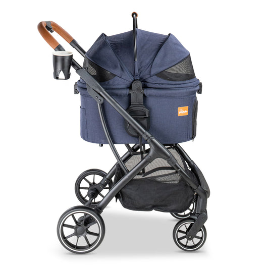 Side view of the navy Pawbella Ultimate Pet Stroller with the dual mesh canopy closed.