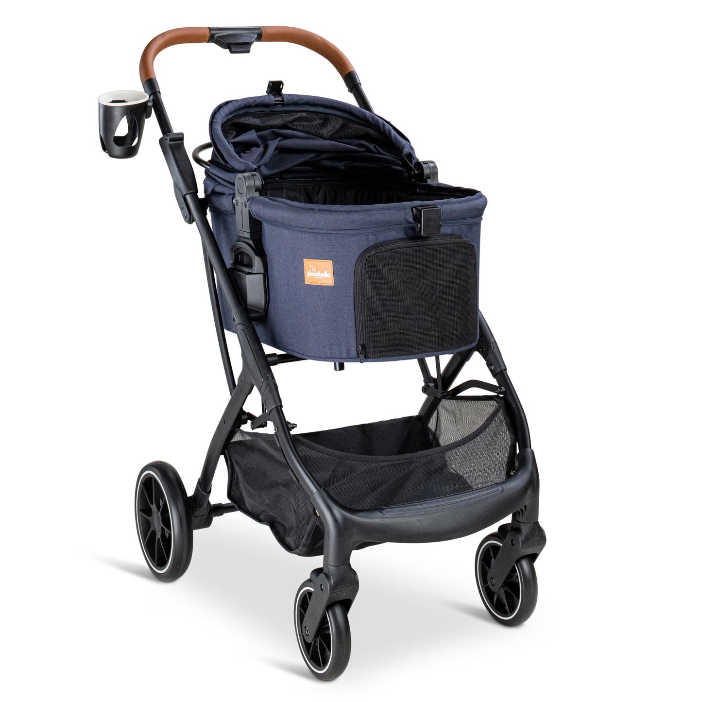Angled view of the navy Pawbella Ultimate Pet Stroller with its open carrier and storage basket.