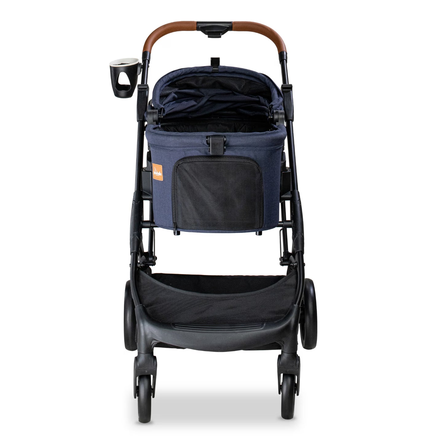 Front view of the navy Pawbella Ultimate Pet Stroller with its open canopy and mesh entry.