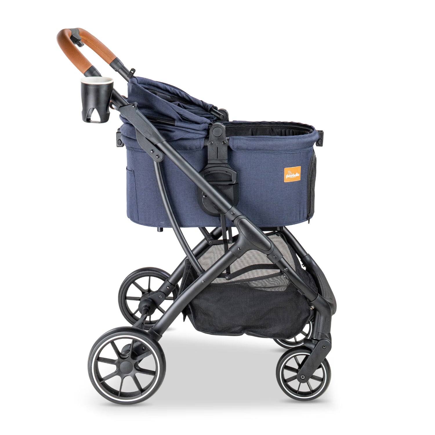 Side view of the navy Pawbella Ultimate Pet Stroller with the canopy folded open.