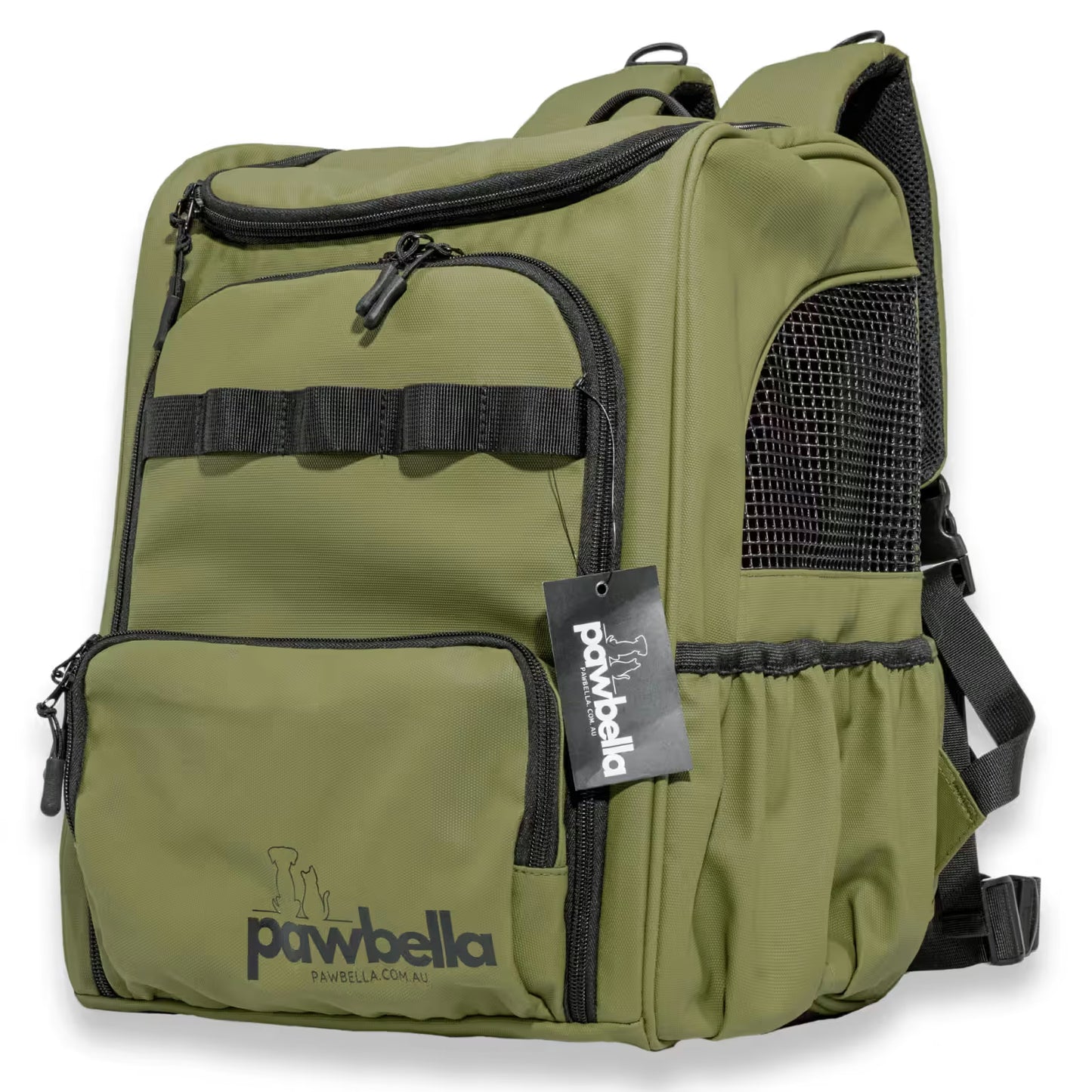 The Outback Explorer by Pawbella is an olive green, heavy-duty pet backpack (max 12kg) with zippered compartments, black mesh side panels, adjustable shoulder straps, and a black logo on the front pocket with tag. Designed in Australia.